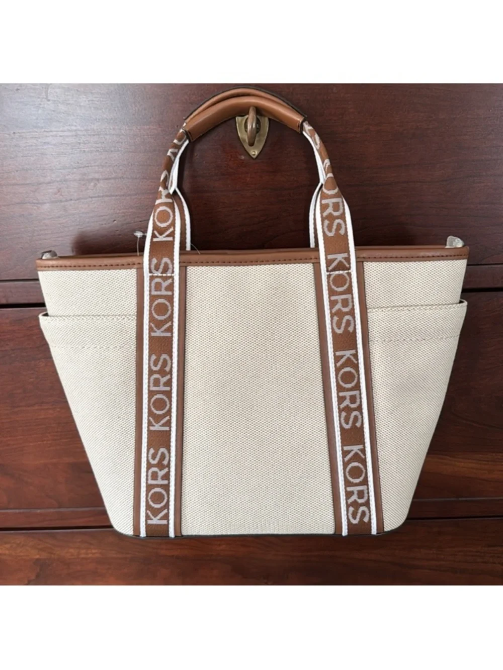 MICHAEL KORS Maeve Small Canvas Open Tote Luggage Leather NWT $298